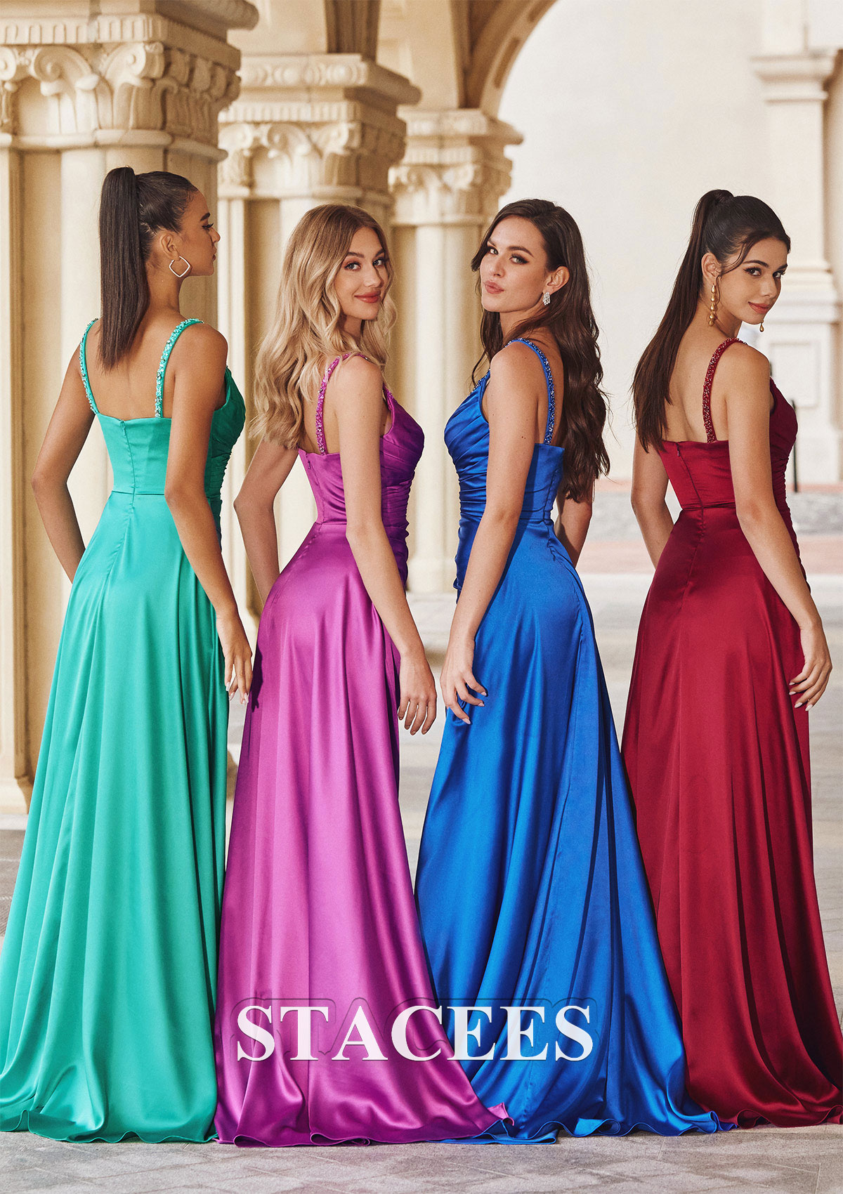 As Picture Sheath/Column V Neck Sleeveless Sweep Train Satin Prom Dress with Split Beading Pleated Side Draping - STACEES