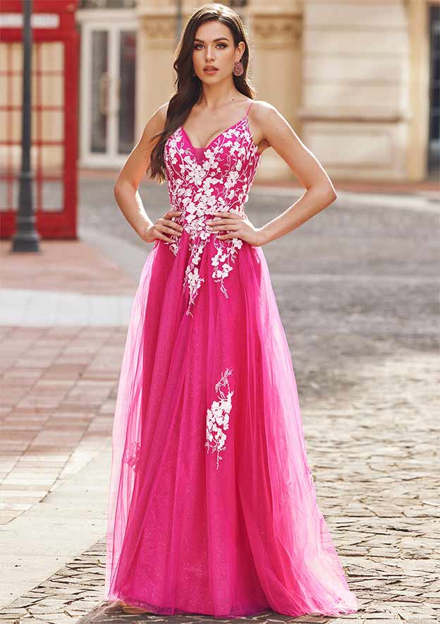 A-line V Neck Sleeveless Floor-Length Tulle Prom Dress with Appliqued Split Glitter