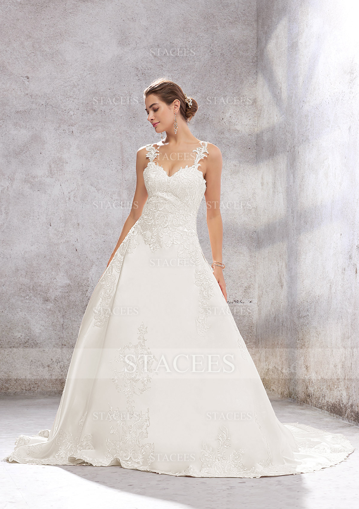 Ivory Ball Gown Princess Sweetheart Sleeveless Chapel Train Satin Wedding Dress With Appliques Sequins - STACEES
