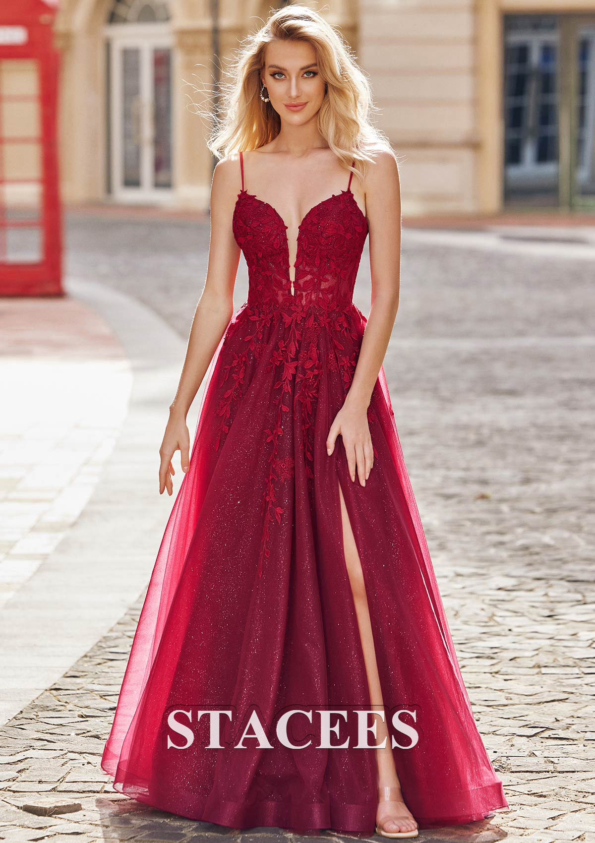 Burgundy A-line Princess V Neck Sleeveless Floor-Length Tulle Prom Dress with Appliqued Split Glitter - STACEES