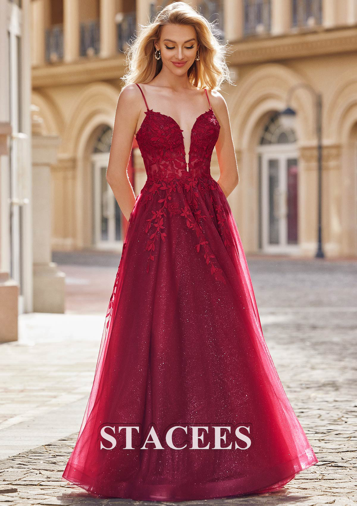 Burgundy A-line Princess V Neck Sleeveless Floor-Length Tulle Prom Dress with Appliqued Split Glitter - STACEES