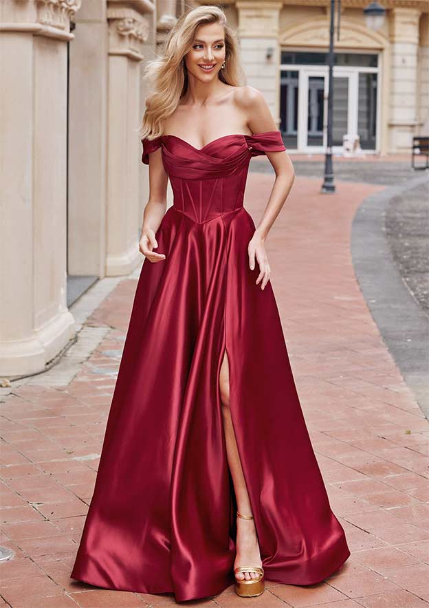 A-line Off-the-Shoulder Sleeveless Sweep Train Satin Prom Dress with Pleated Pockets Split