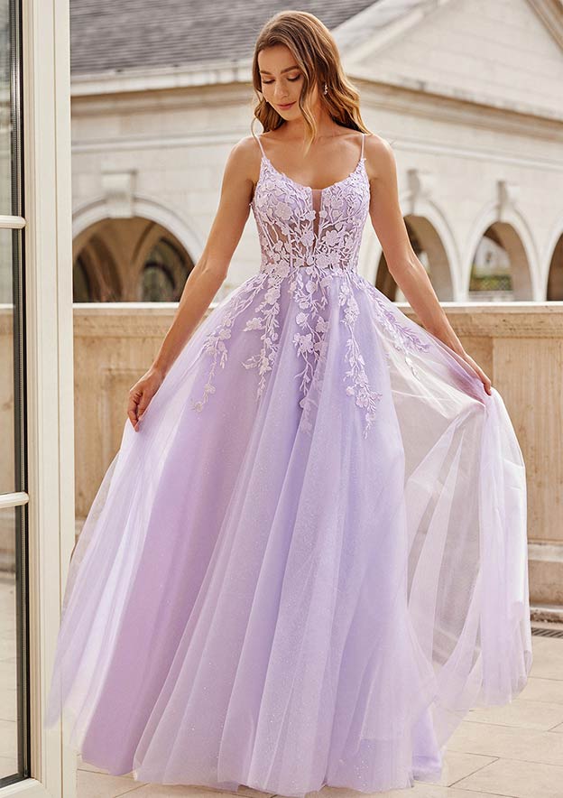 A-line Princess Scoop Neck Sweep Train Tulle Prom Dress with Glitter Appliqued