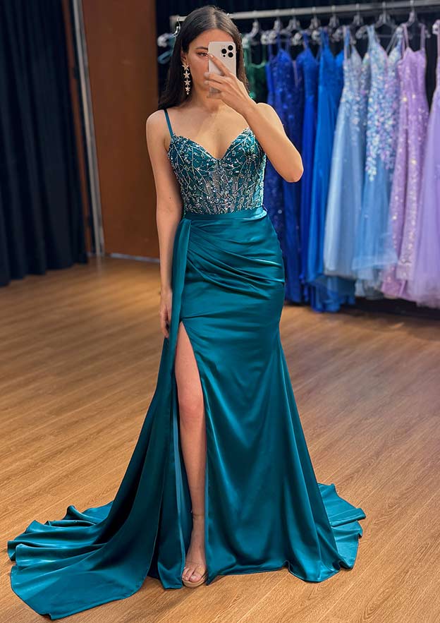 A-line V Neck Sleeveless Sweep Train Satin Prom Dress with Beading Pleated Side Draping