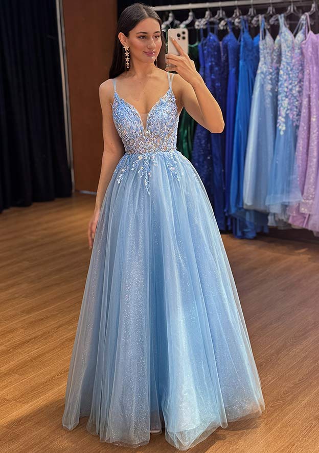 A-line V Neck Sleeveless Floor-Length Tulle Prom Dress with Appliqued Glitter