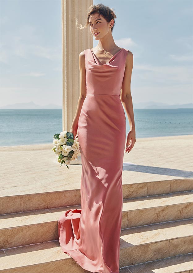 Trumpet/Mermaid Cowl Neck Sleeveless Floor-Length Stretch Satin Bridesmaid Dress with Sashes