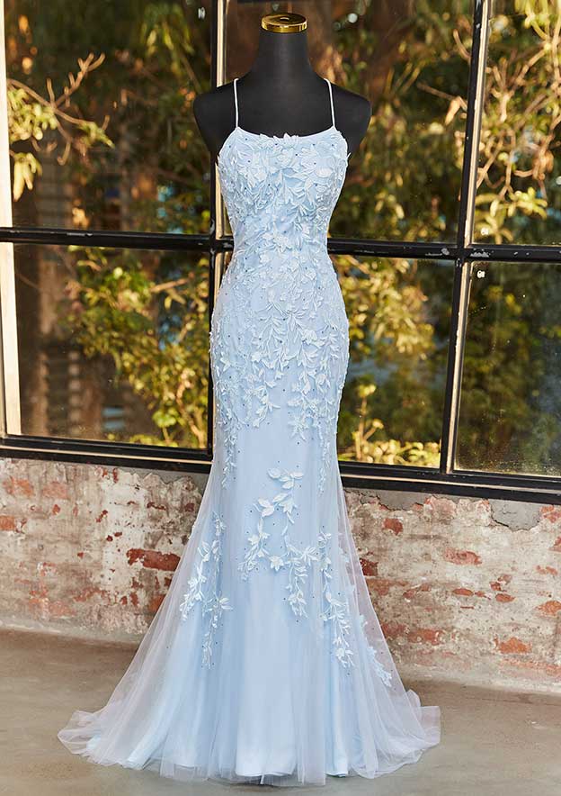 Trumpet/Mermaid Square Neckline Sleeveless Sweep Train Tulle Prom Dress with Beading Lace