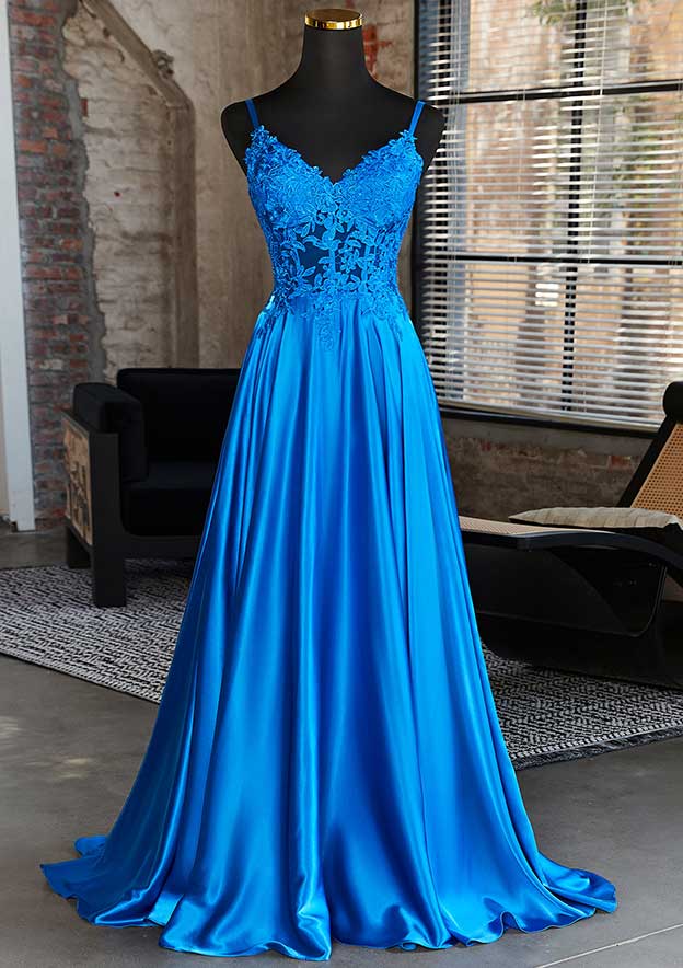 A-line V Neck Sleeveless Sweep Train Charmeuse Prom Dress with Appliqued Pockets Split