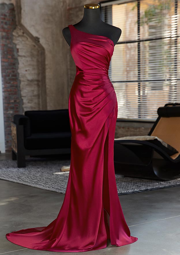 Sheath/Column One-Shoulder Sleeveless Sweep Train Satin Prom Dress with Pleated Split