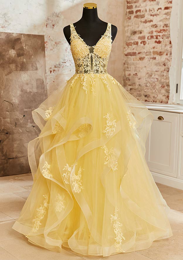 A-line Princess V Neck Sleeveless Sweep Train Tulle Prom Dress with Appliqued Ruffles