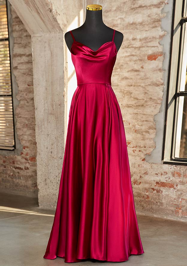 A-line Cowl Neck Sleeveless Sweep Train Charmeuse Prom Dress with Pleated Pockets Split