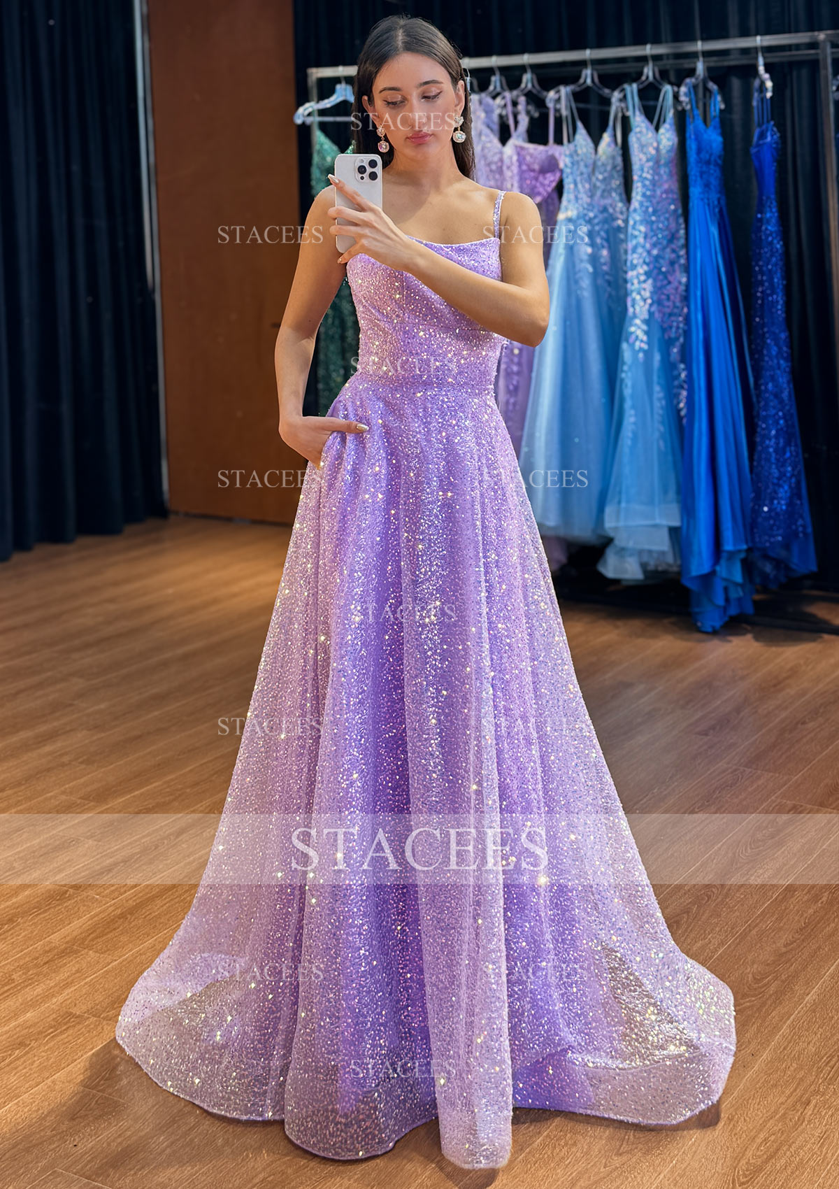 Lilas Robe trapèze carrée paillettes traîne balayage robe de bal - STACEES