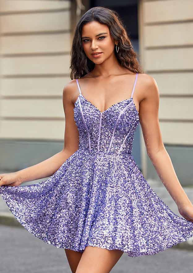 A-line Sequins Lace-Up Back Flare Homecoming Dress