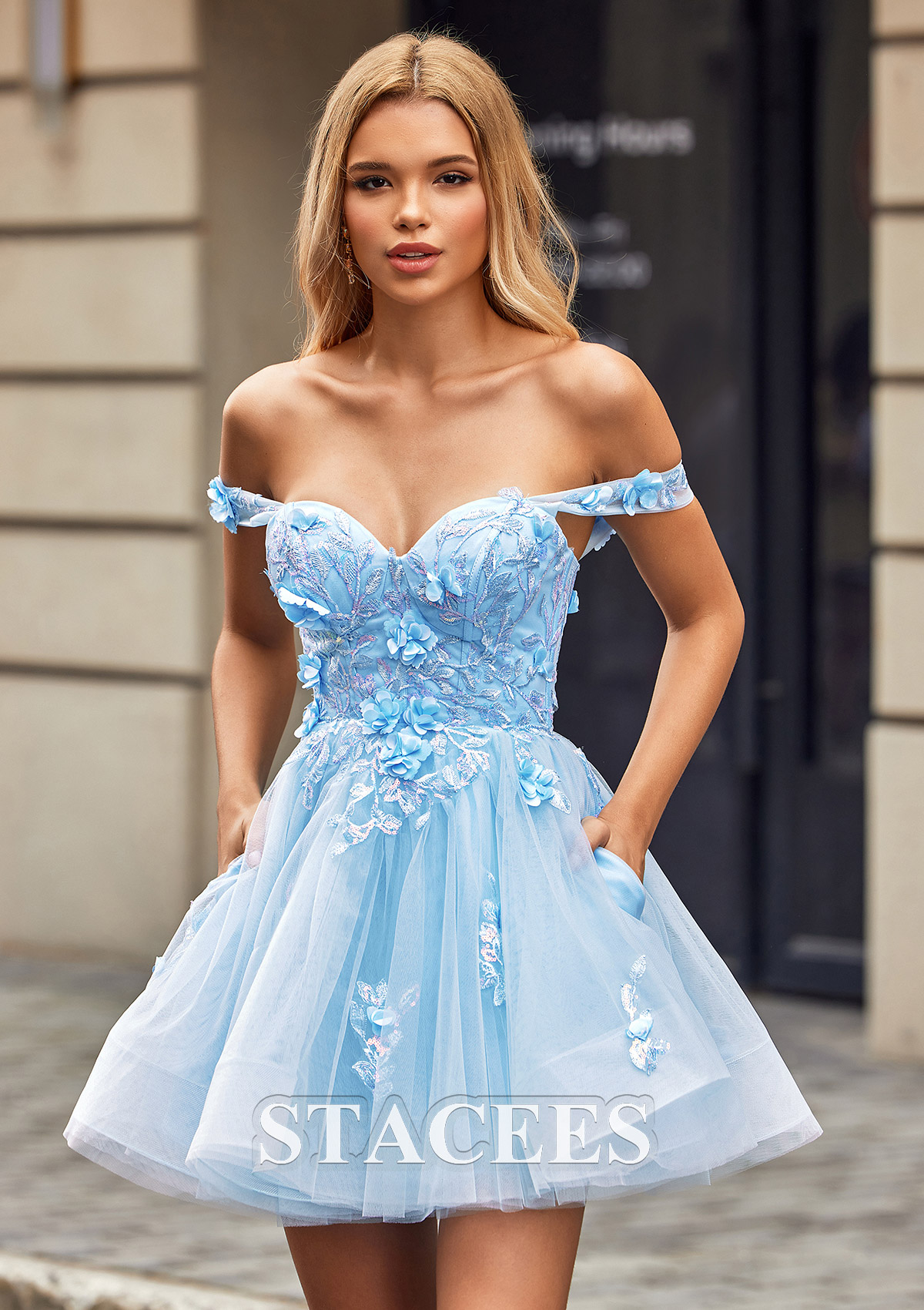 homecoming dresses size 15 Stacees Sky Blue Off-the-Shoulder Homecoming Dress with Floral Embroidery