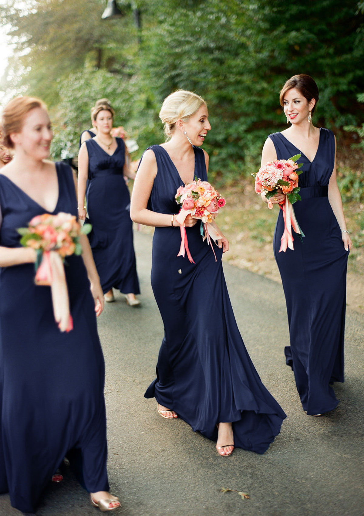 Dark Navy A-line V Neck Sleeveless Sweep Train Jersey Bridesmaid Dress with Pleated - STACEES