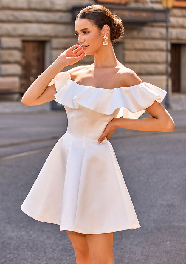last minute homecoming dresses Stacees A-line Ruffled Off the Shoulder Satin Dress knee length hoco dresses