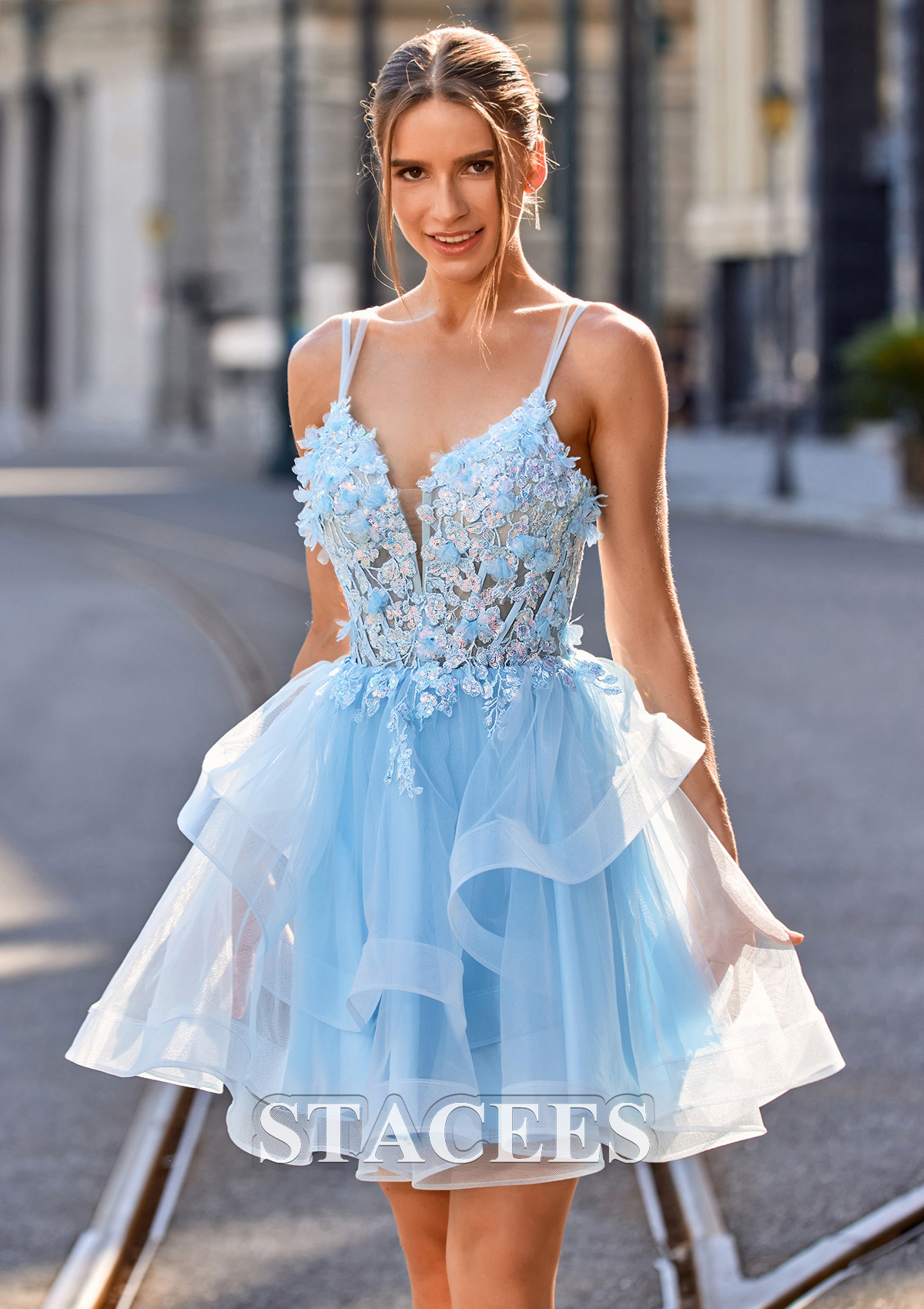 Sky Blue A-line V Neck Short/Mini Tulle Homecoming Dress with Appliqued Flowers Sequins - STACEES