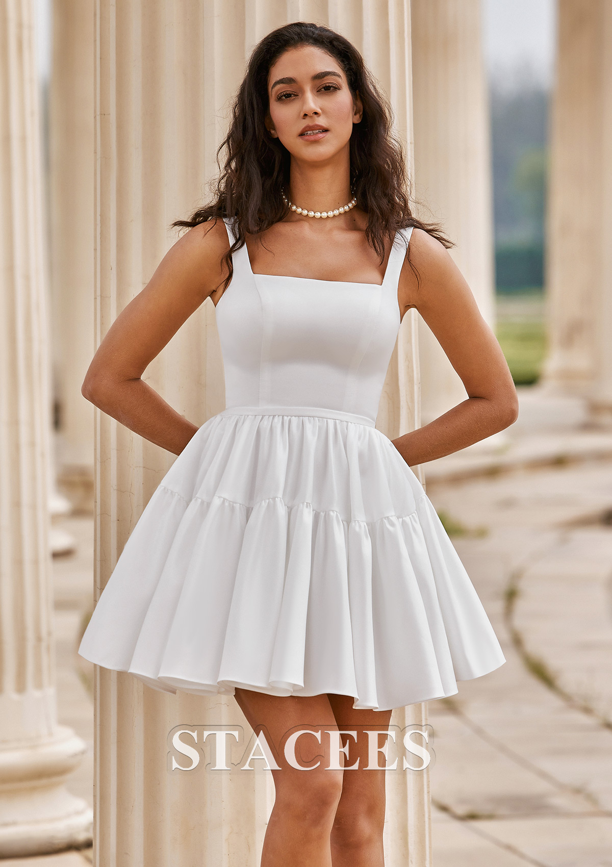 Ivoire Délicate trapèze carrée satin courte/mini robe de mariée - STACEES