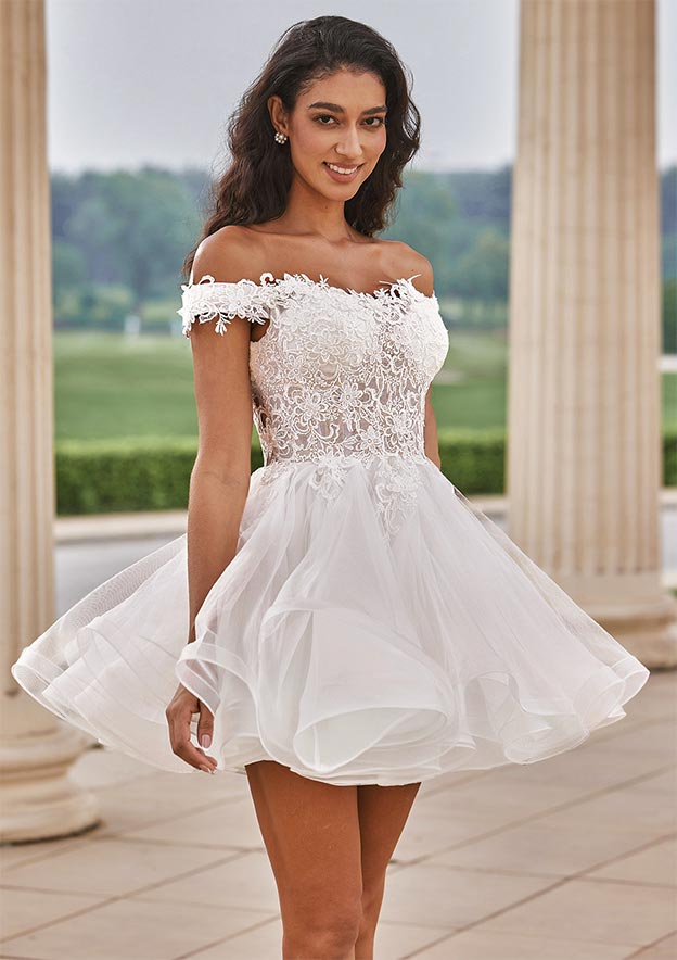 Lovely Off-the-Shoulder Ball Gown Little White Wedding Dress with Floral Beaded Lace