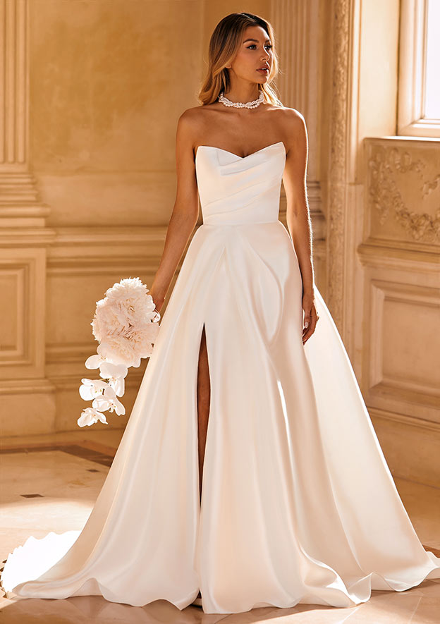 Romantic A-line Pleated V Neck Court Train Mikado Strapless Ball Gown Wedding Dress with Slit
