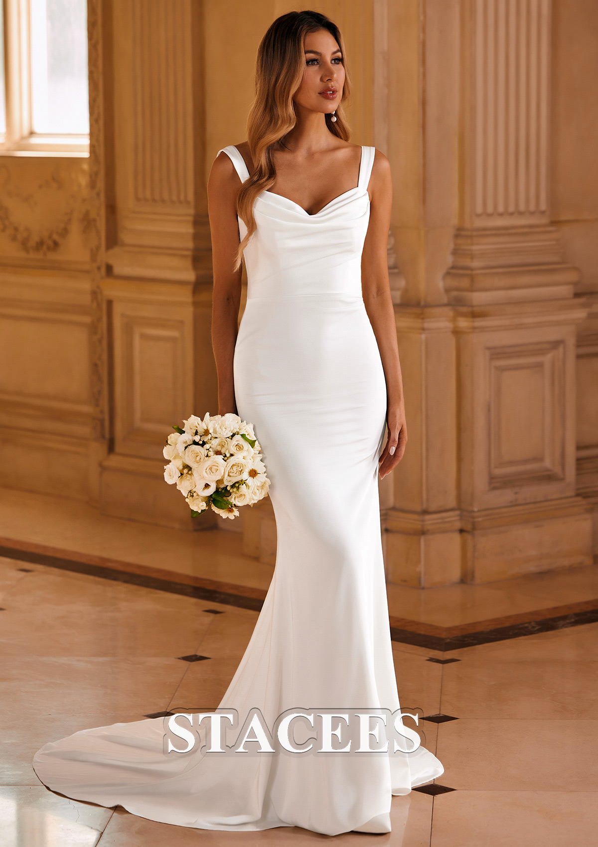 mermaid silk wedding dress White Strapless Satin Long Mermaid Wedding Dress Diamond White / 0