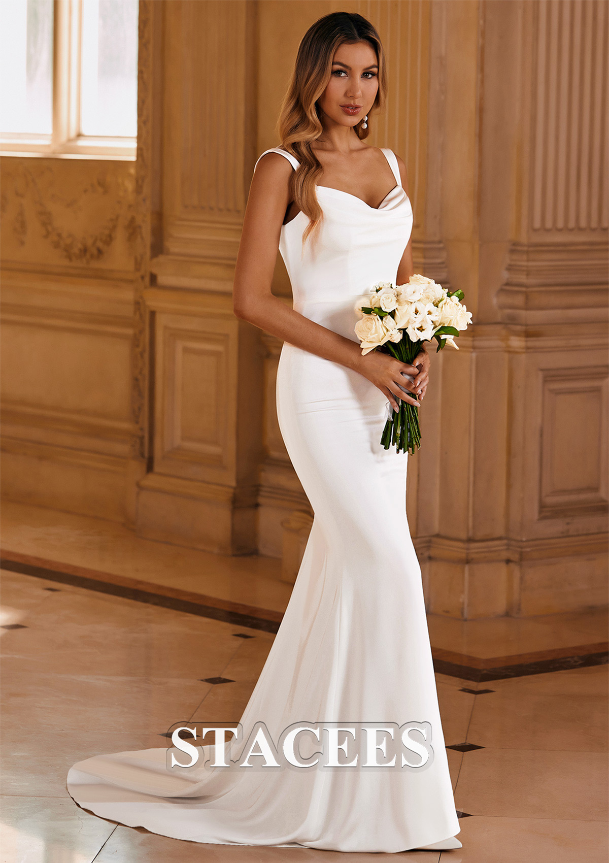 Ivory Modern Trumpet/Mermaid Cowl Neck Court Train Satin Wedding Dress with Pleated
