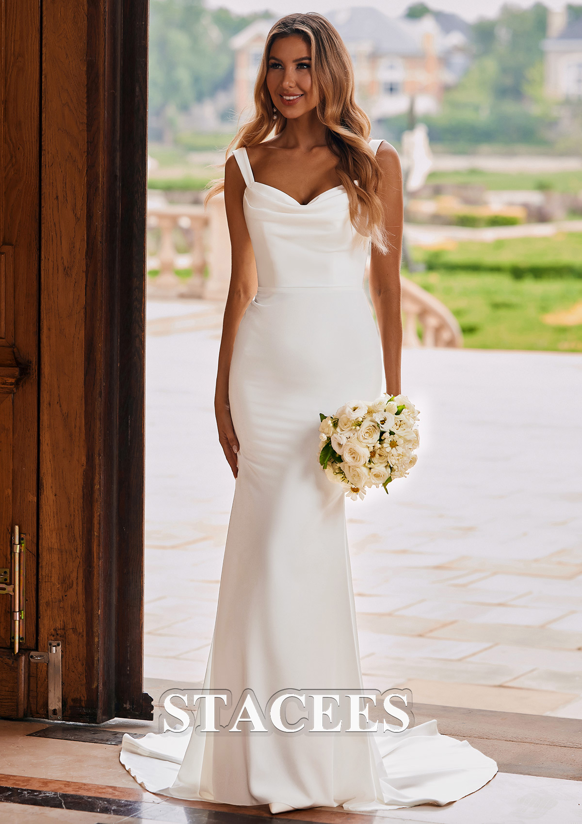 Ivory Modern Trumpet/Mermaid Cowl Neck Court Train Satin Wedding Dress with Pleated