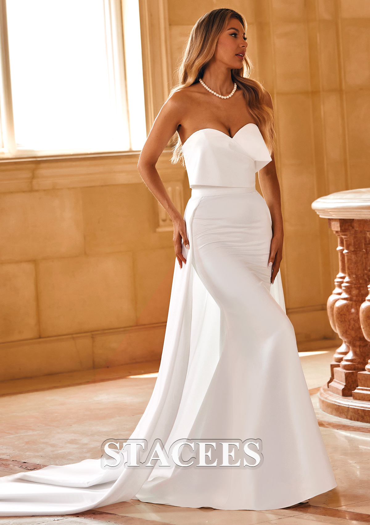 tight satin wedding dresses Deep V-neck White Strapless Satin Simple Mermaid Wedding Dress WD2573
