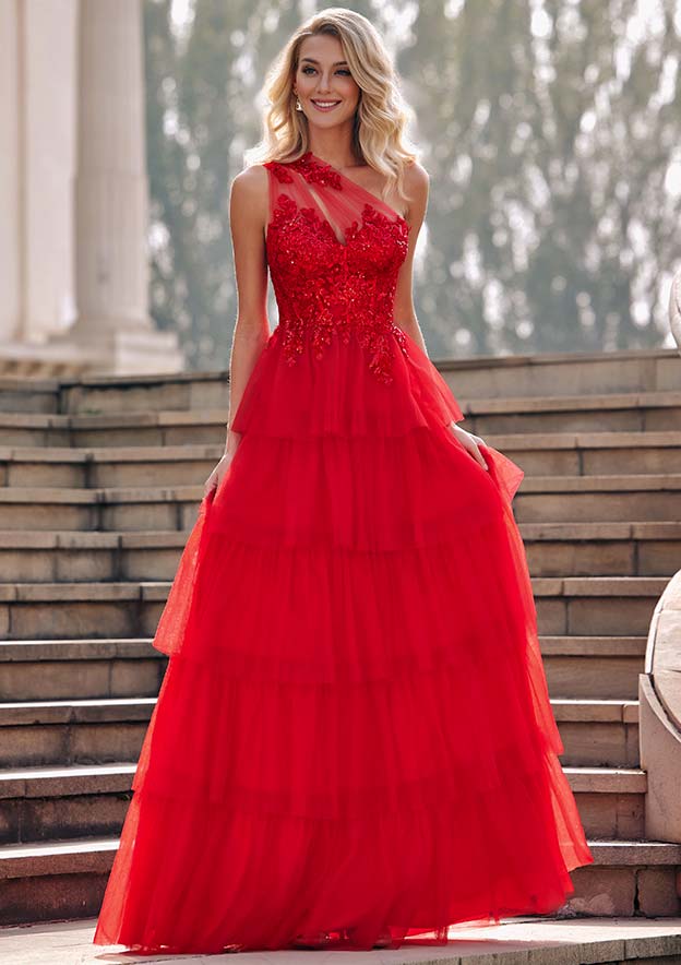 A-line Applique One Shoulder Ruffle Long Prom Dress