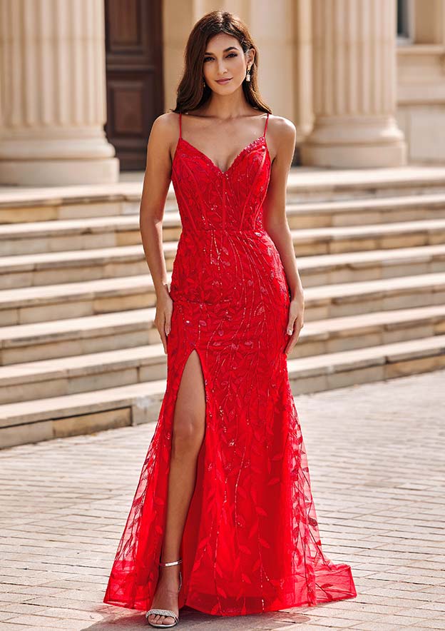 Sheath V Neck Tulle Sweep Train Leaf Sequins Slit Prom Dress