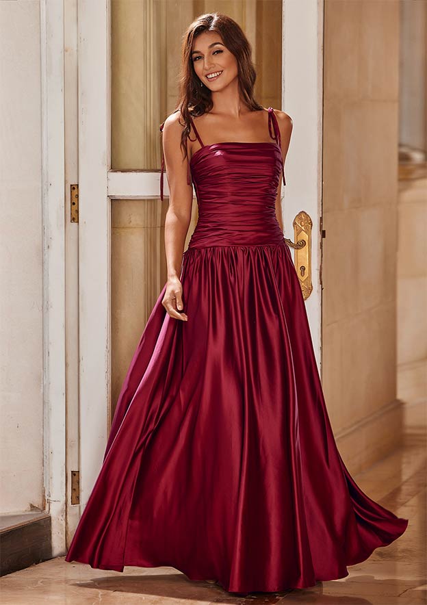 square neck prom dress thick straps Stacees 2026 A-line Spaghetti Straps Ruched Prom Dress in Navy Blue
