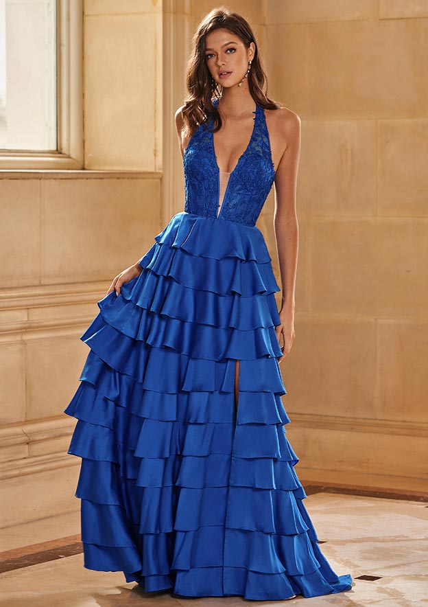 A-line Sweep Train Halter Lace Corset Tiered Prom Dress with Ruffles Slit