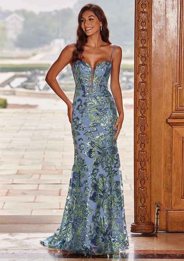 Mermaid Sweetheart Floral Sequins Sweep Train Corset Prom Dress
