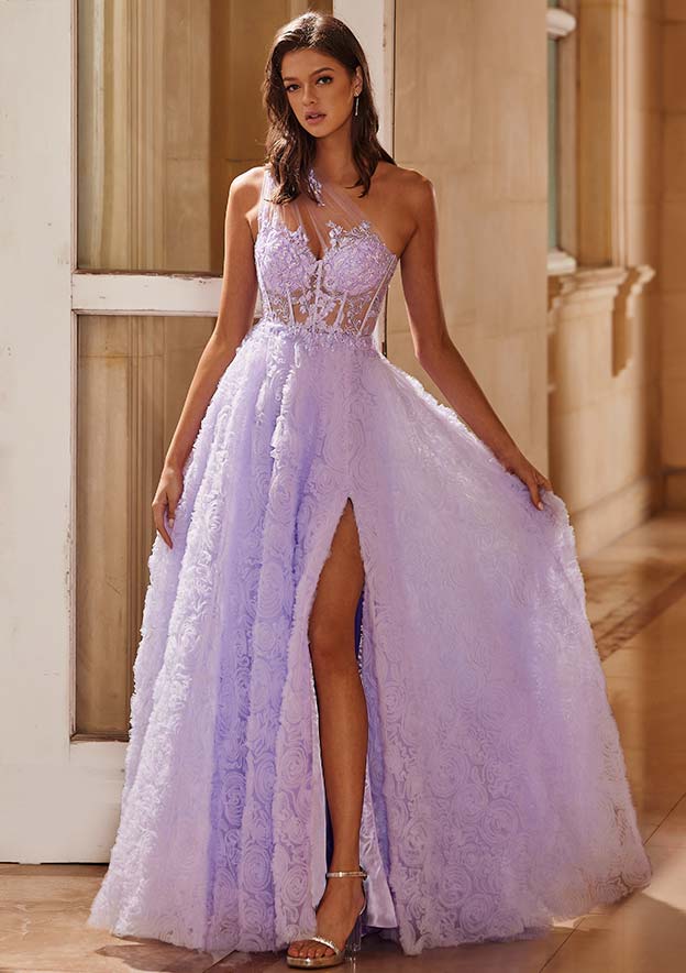 A-line One-Shoulder Floral Corset Sweep Train Slit Prom Dress