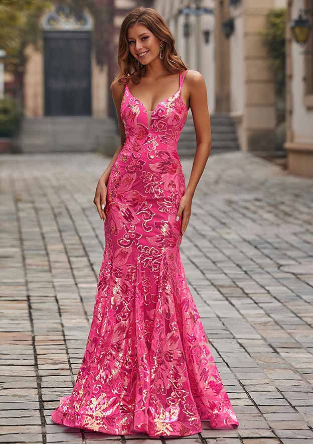 Mermaid Tight Plunging V-Neck Floral Sequins Sweep Train Prom Dress