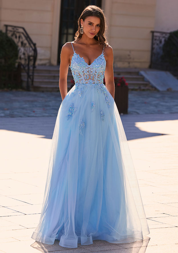 A-line V Neck Applique Corset Bodice Tulle Floor-Length Prom Dress