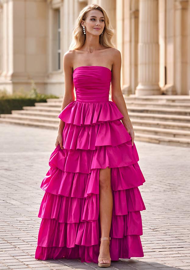 A-line Square Neckline Strapless Ruffled Taffeta Prom Dress with Slit Pleats