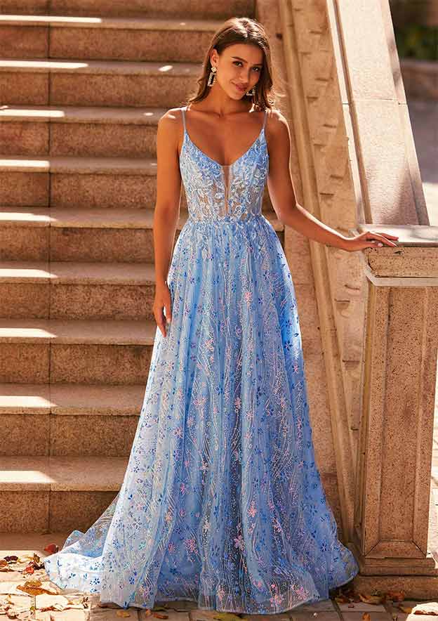 a-line/princess paillette tulle v-neck floor-length sleeveless dresses A-line Princess V Neck Sleeveless Floor-Length Tulle Prom Dress with  Pleated Ruffles Glitter S7661P - Prom Dresses