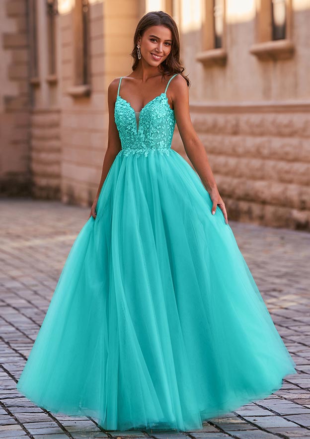 A-line V Neck Tulle Floor-Length Prom Dress with Appliqued
