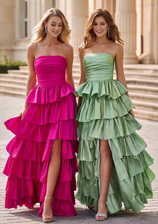 A-line Pleated Strapless Ruffled Floor-Length Taffeta Prom Dress