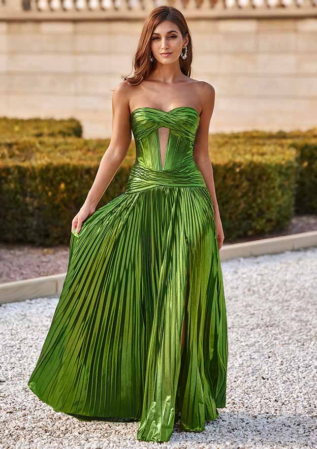 A-line Strapless Metallic Corset Pleaded Slit Prom Dress