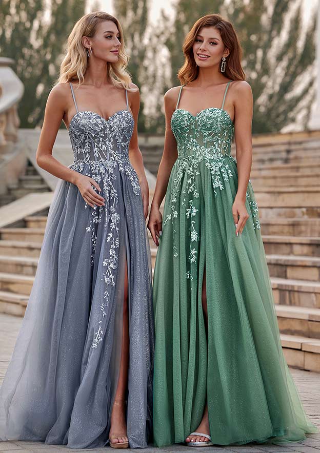 A-line Sweetheart Tulle Sweep Train Prom Dress with Appliqued Sequins Split Glitter