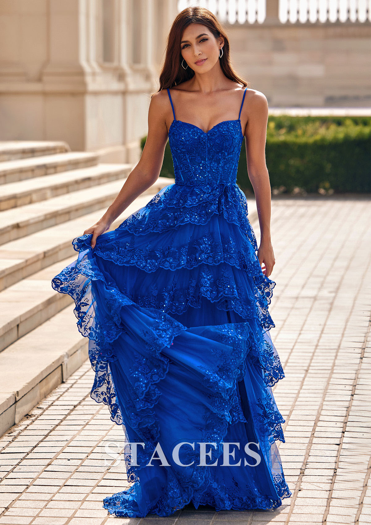 Ocean Blue A-line Sweep Train Corset Floral Tiered Slit Prom Dress with Ruffles