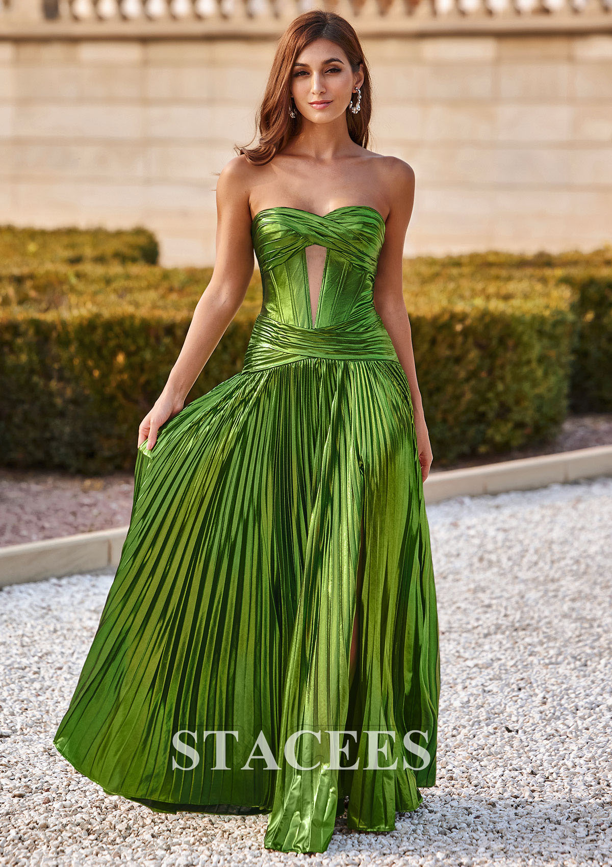 strapless keyhole metallic pleated a-line prom dress with slit Strapless Beaded Gown with Keyhole Bodice D5716