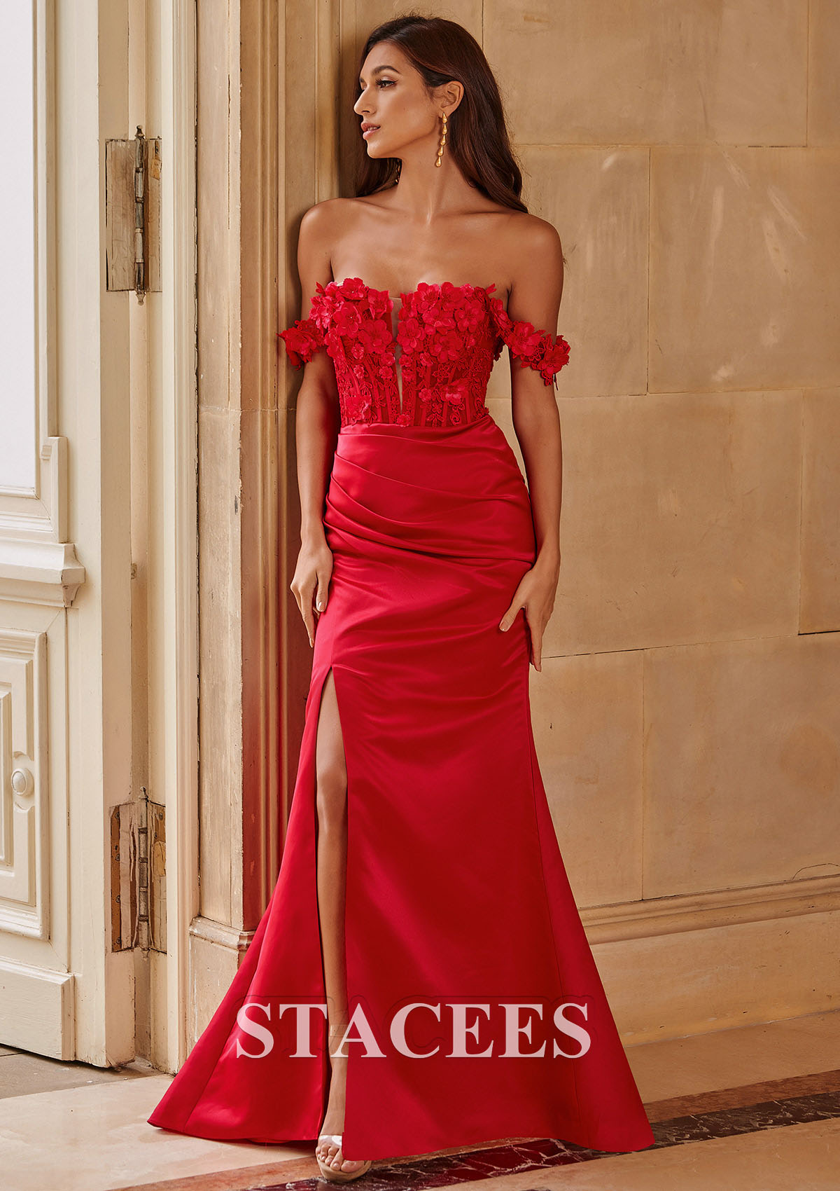 Red Trumpet/Mermaid Off-the-Shoulder Satin Sweep Train Prom Dress with Appliqued Beading Flowers Pleated Split - STACEES