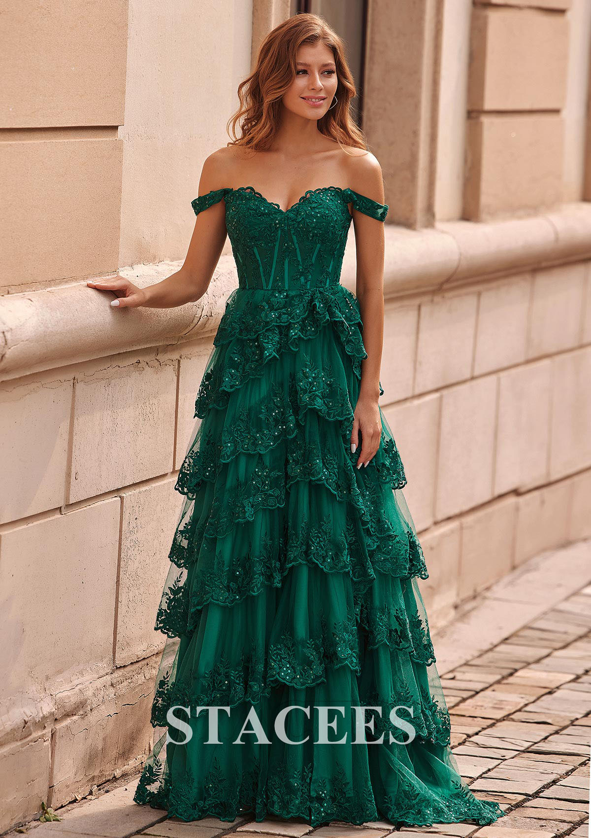 Dark Green Dreamy A-line Off-The-Shoulder Tiered Ruffles Corset Slit Prom Dress with Sequined Lace - STACEES