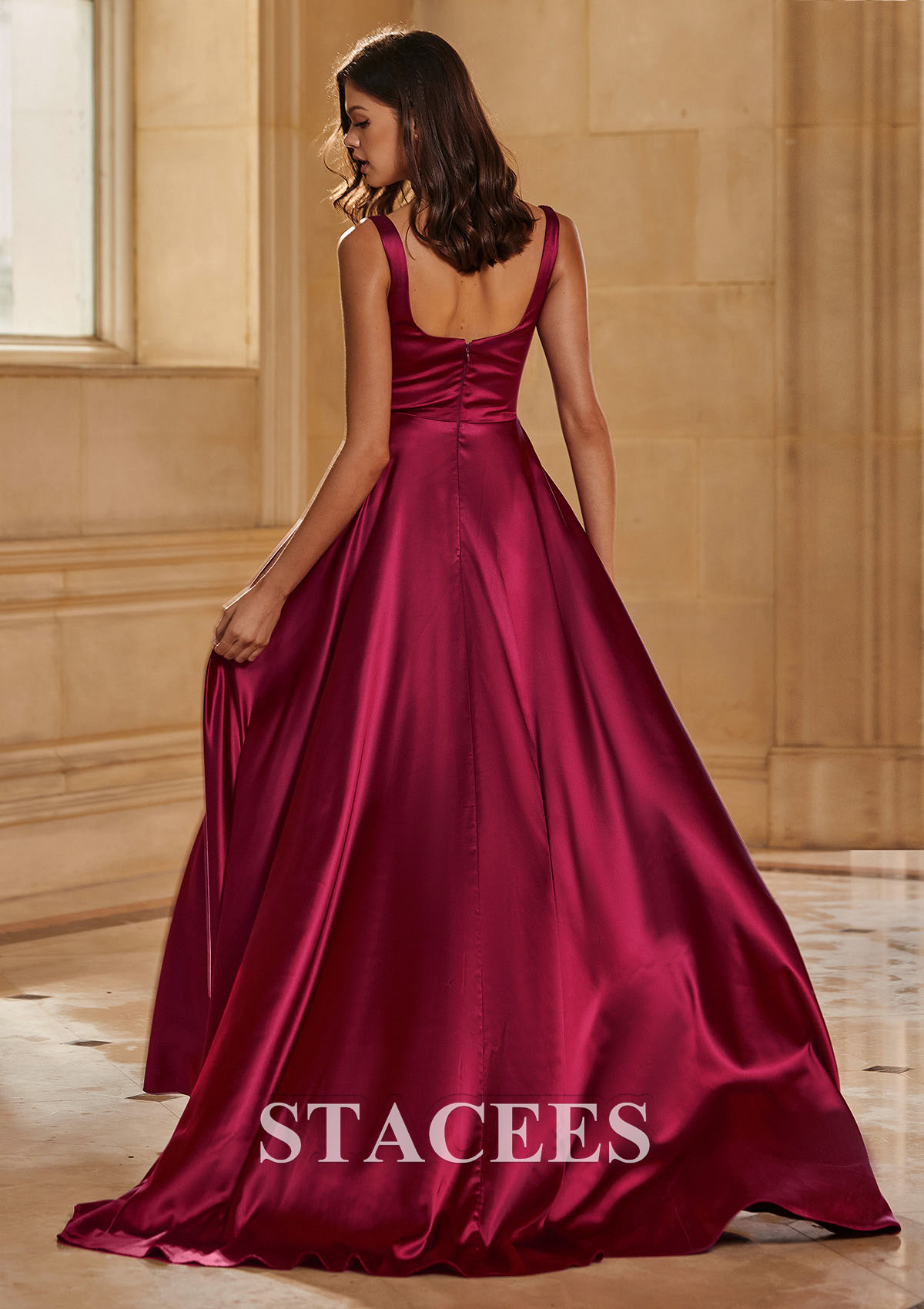 satin prom dress a line Stacees 2026 A-line Hotfix Prom Dress with Corset Pockets and High Slit