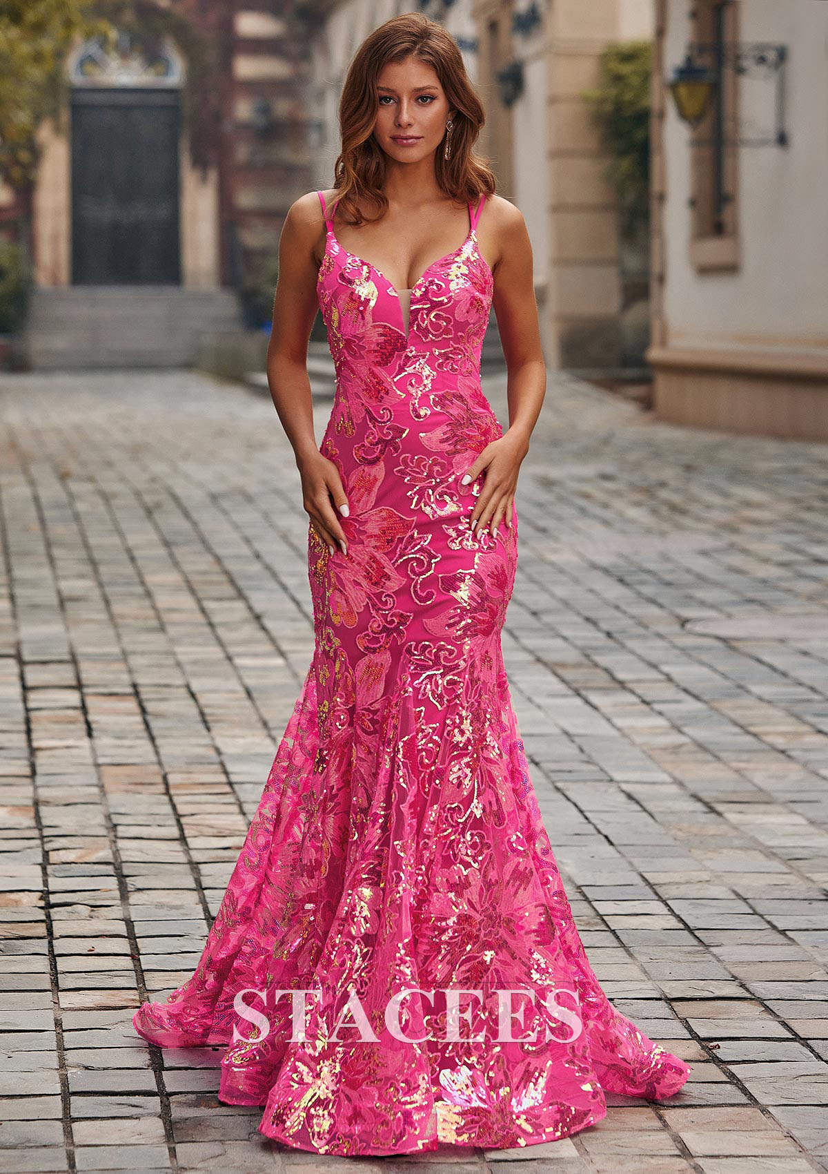 Fuchsia Mermaid Tight Plunging V-Neck Floral Sequins Sweep Train Prom Dress - STACEES