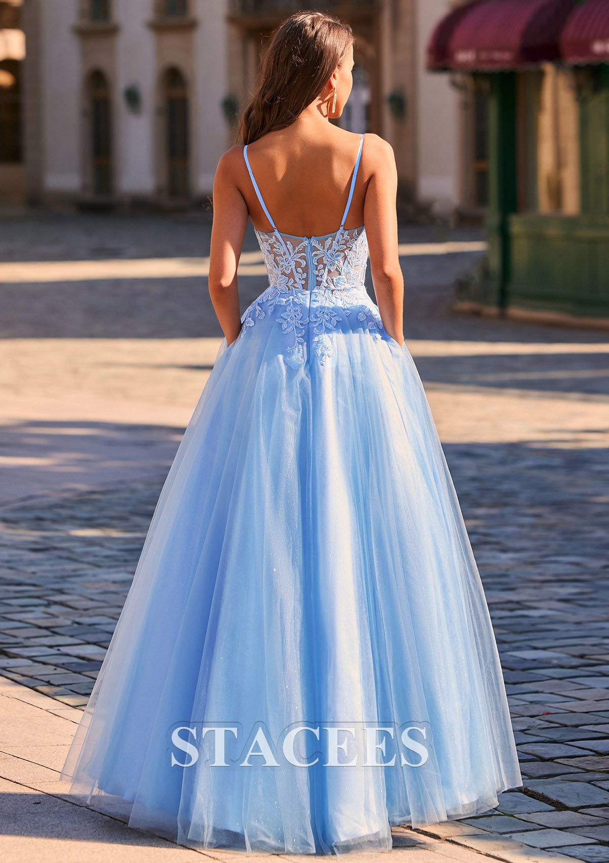 Azul Cielo Vestido línea a escote redondo tul hasta el suelo vestido de graduación - STACEES