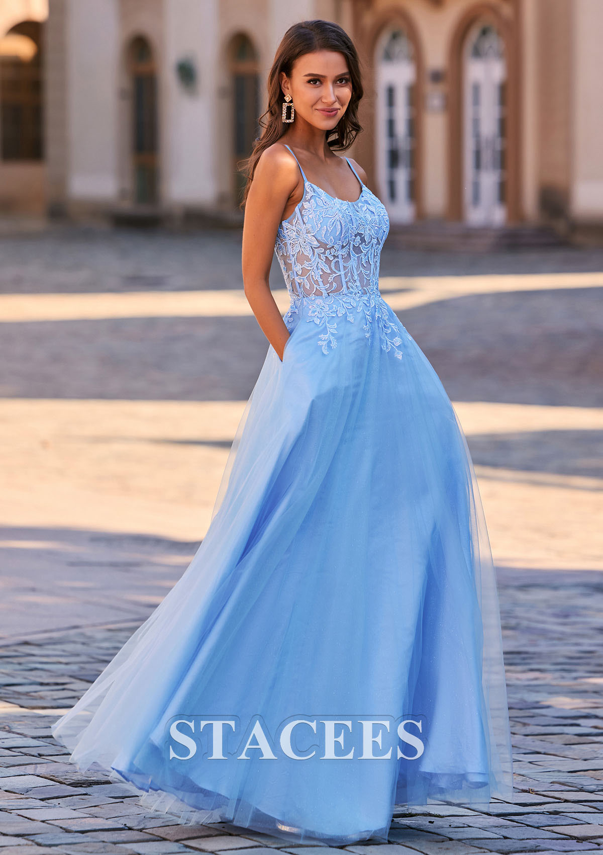 Azul Cielo Vestido línea a escote redondo tul hasta el suelo vestido de graduación - STACEES